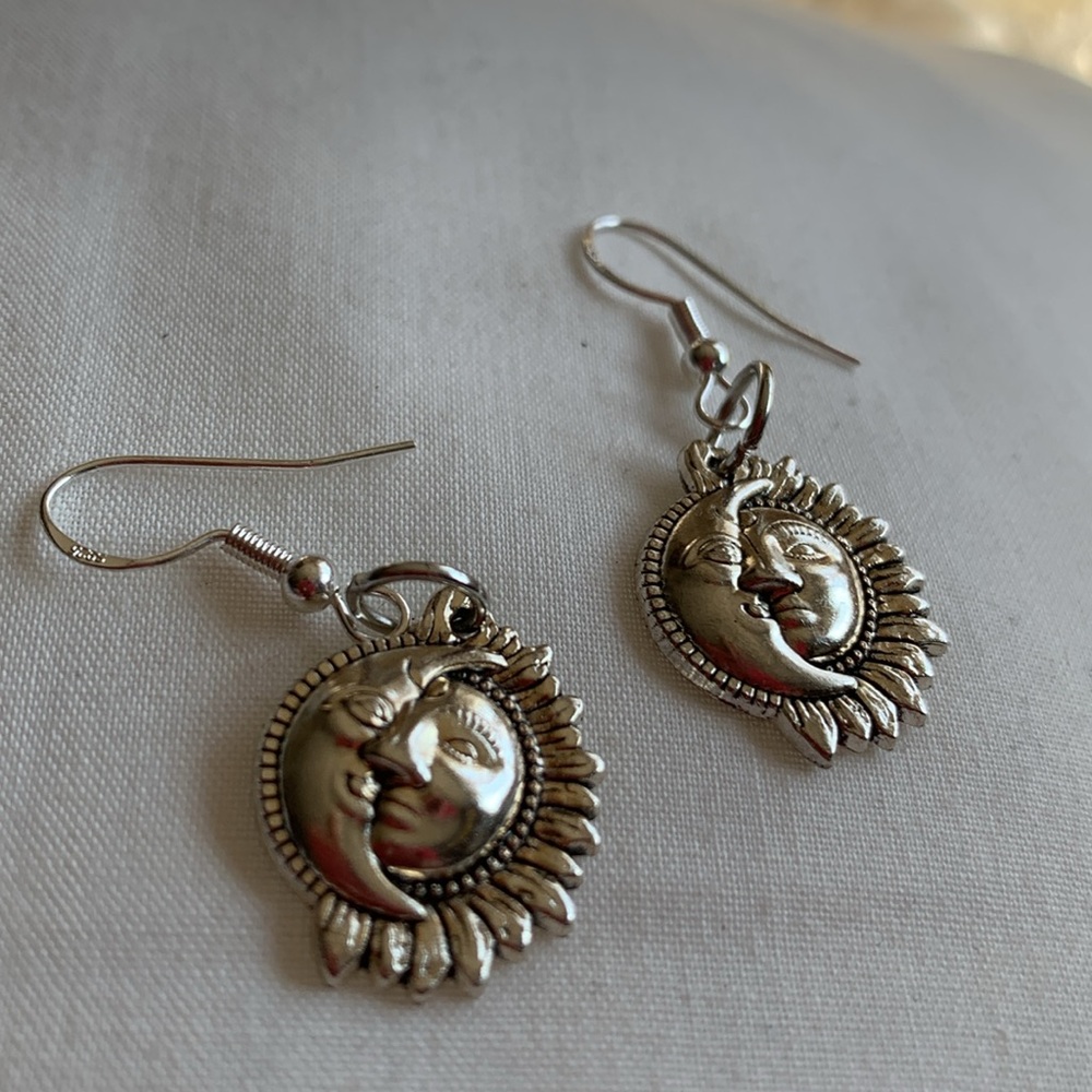 Sun moon earrings sterling silver hooks Artisan OOAK